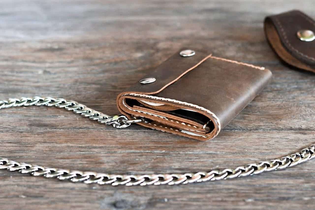 Distressed Natural Brown Leather Trifold Chain Wallet