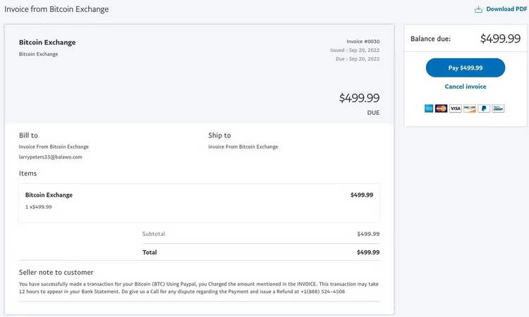 Bitcoin Invoice from PayPal
